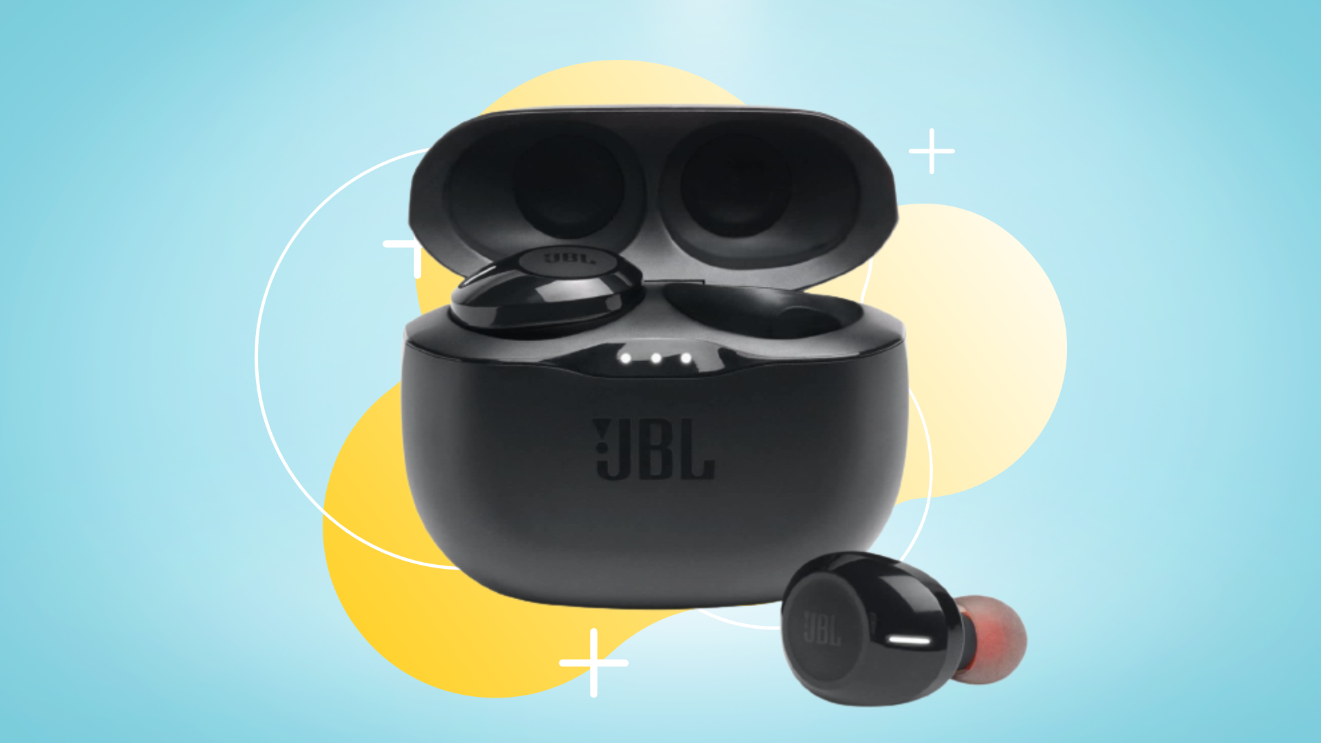 JBL 125TWS earbuds against a blue and yellow background