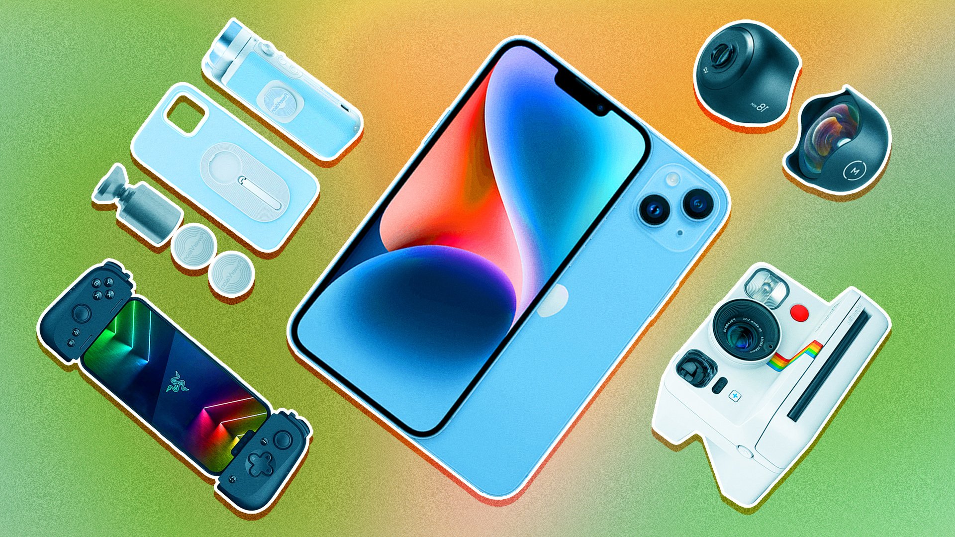 A composite of iPhone accessories against a colorful backdrop