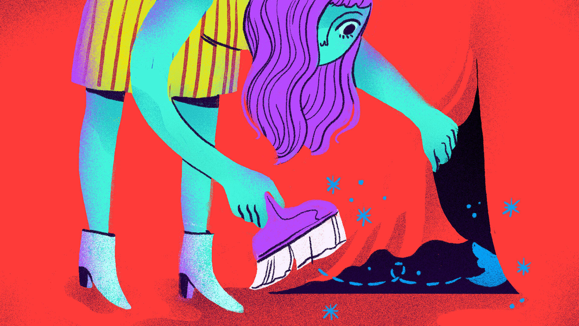 Illustration of a women sweeping dirt under a rug