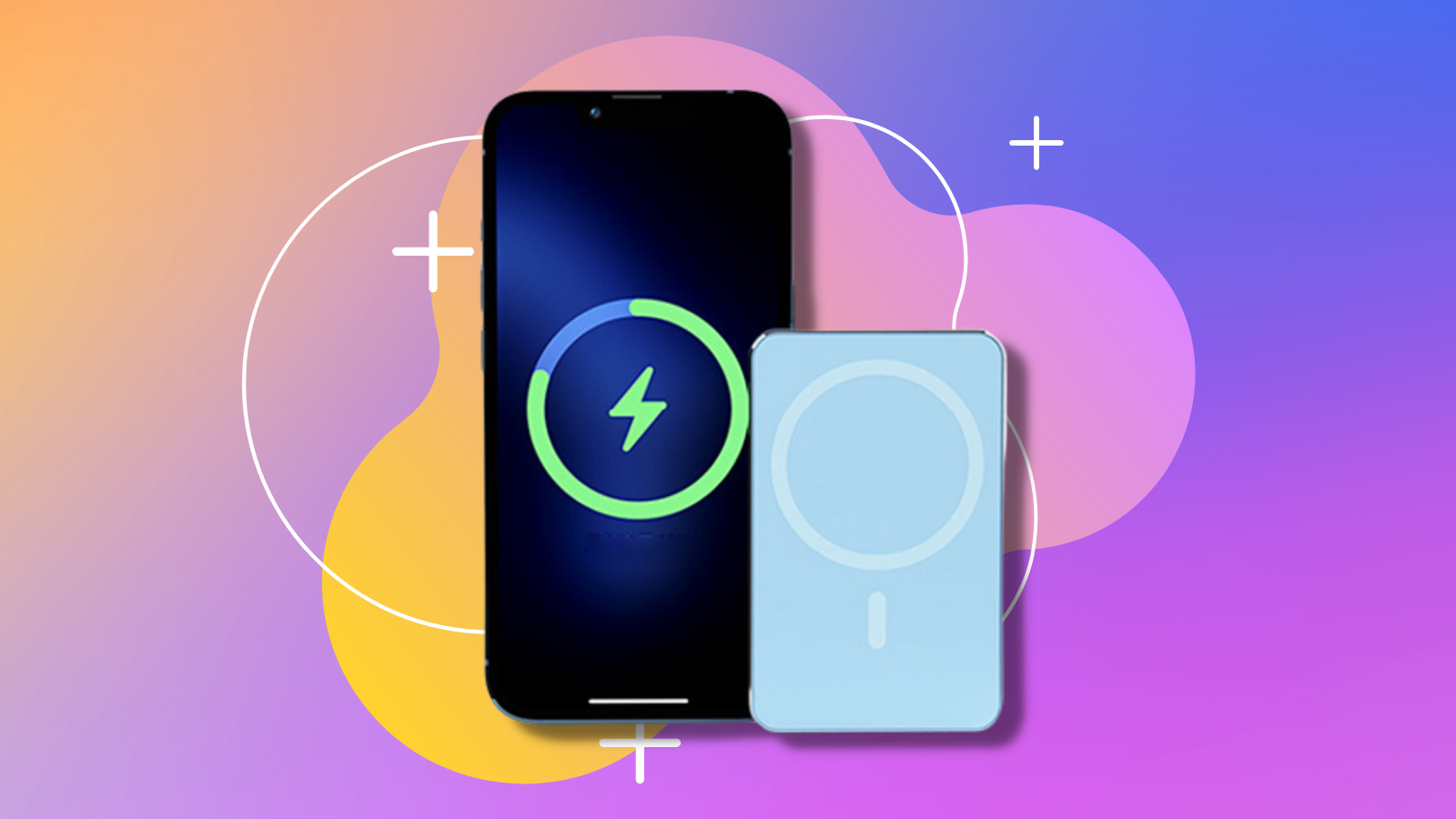 blue speedy mag charger next to iphone with colorful background