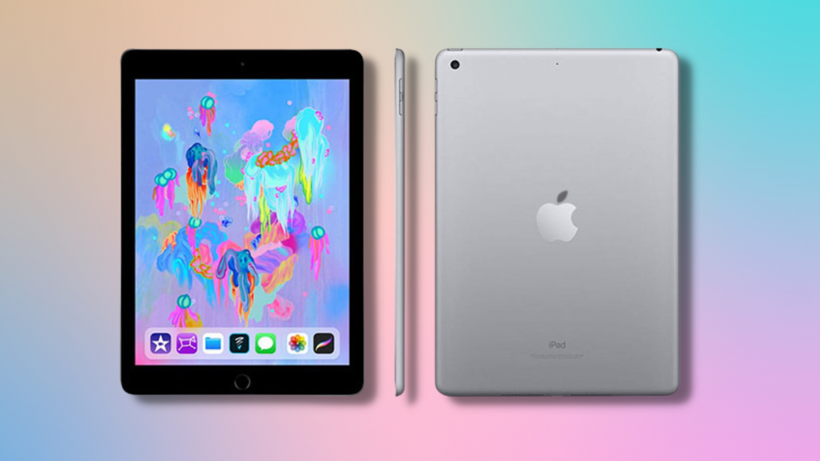 refurbished ipad from three angles with colorful background