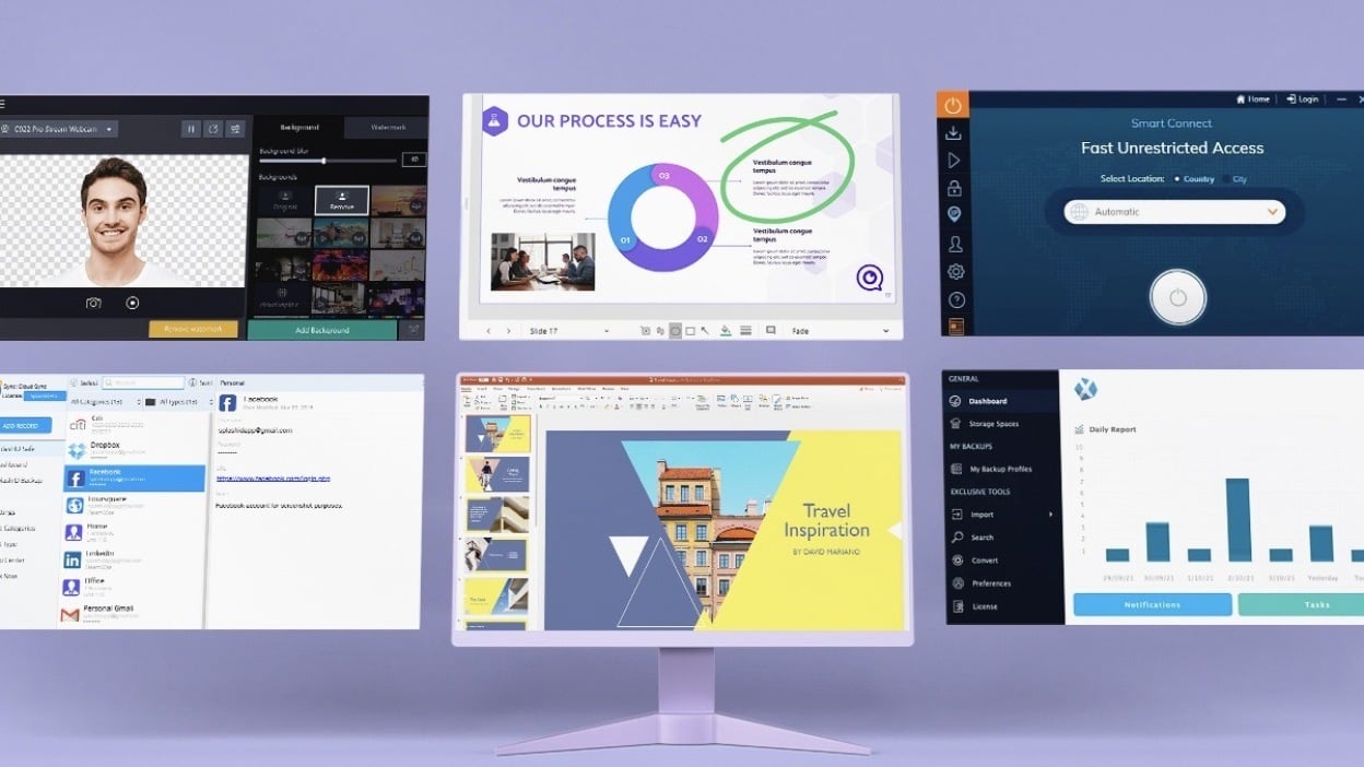Selection of Mac apps on monitors.