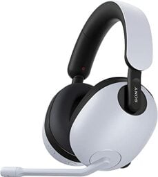 A wireless headset is lying vertically.