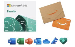 Microsoft 365 Family box and logs and Amazon gift card with envelope