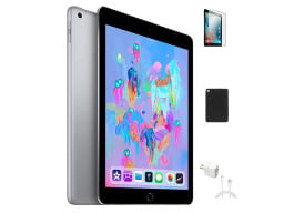 Refurbished 6th-Generation iPad and Accessories Bundle on a white background.