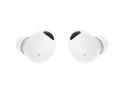 A pair of white earbuds lying next to each other.