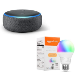 Echo Dot (3rd Gen) with Amazon Basics Smart Color Bulb on white background