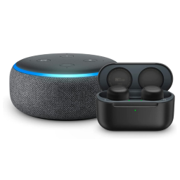 Amazon Echo Buds and Echo Dot on white background