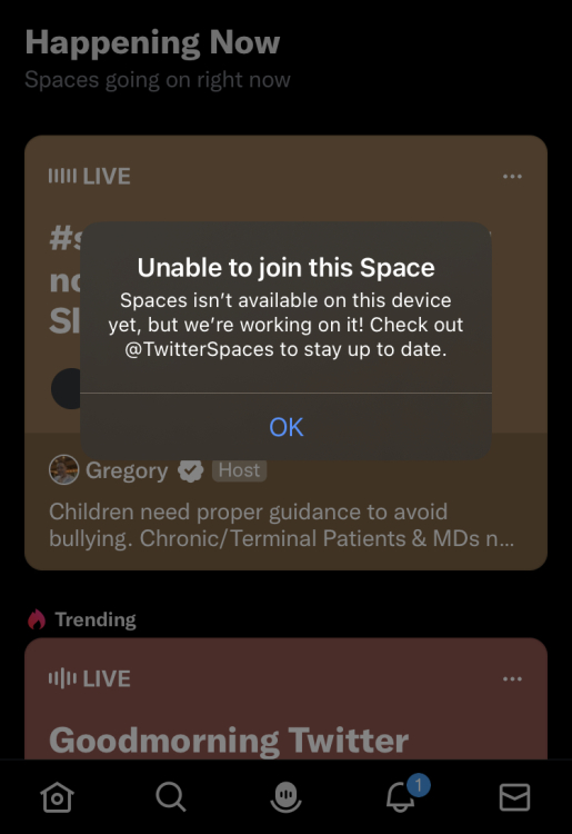 Twitter notification saying Spaces aren't available on this device
