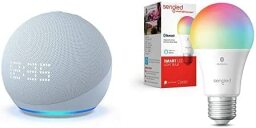 A speaker with an LED display alongside a smart light bulb
