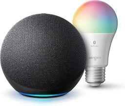 A black smart speaker with a color bulb