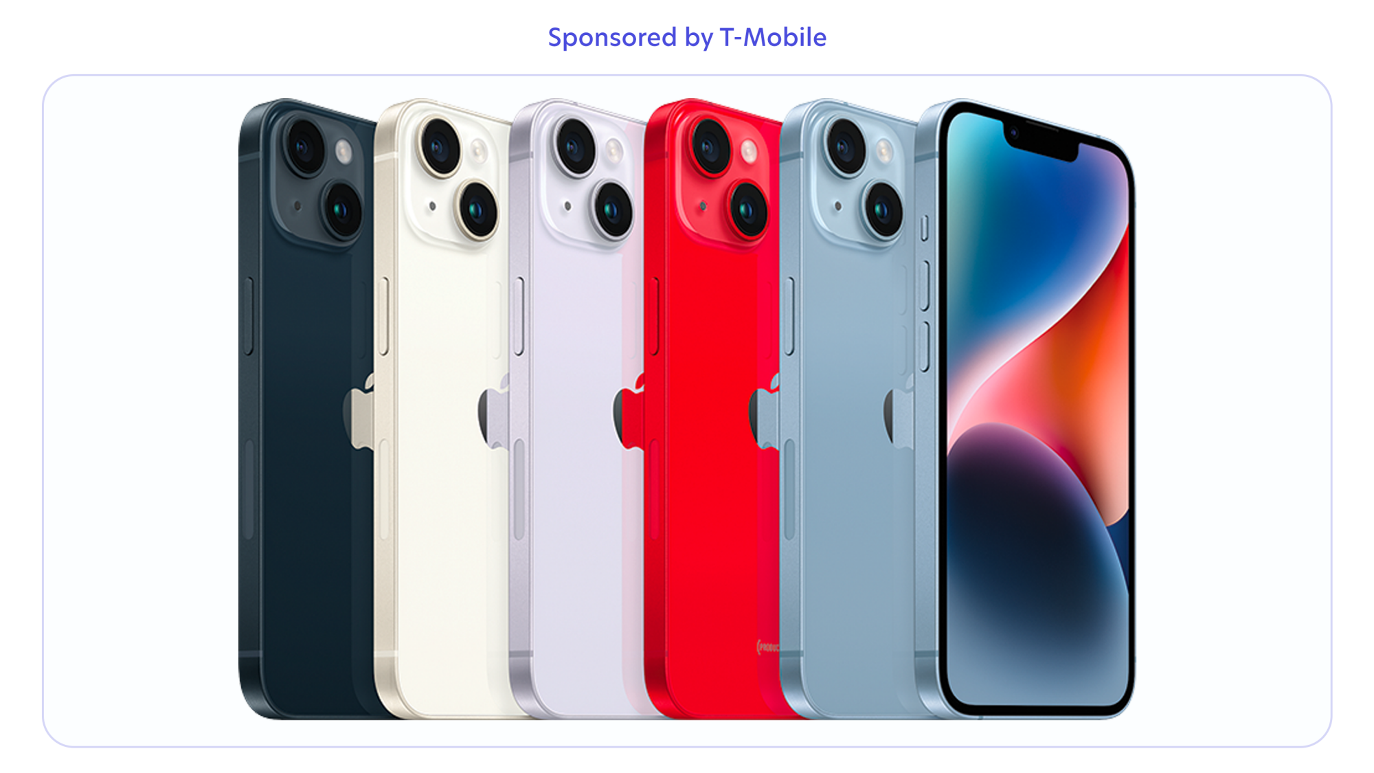 Different colored iPhone 14's lined up in a row.