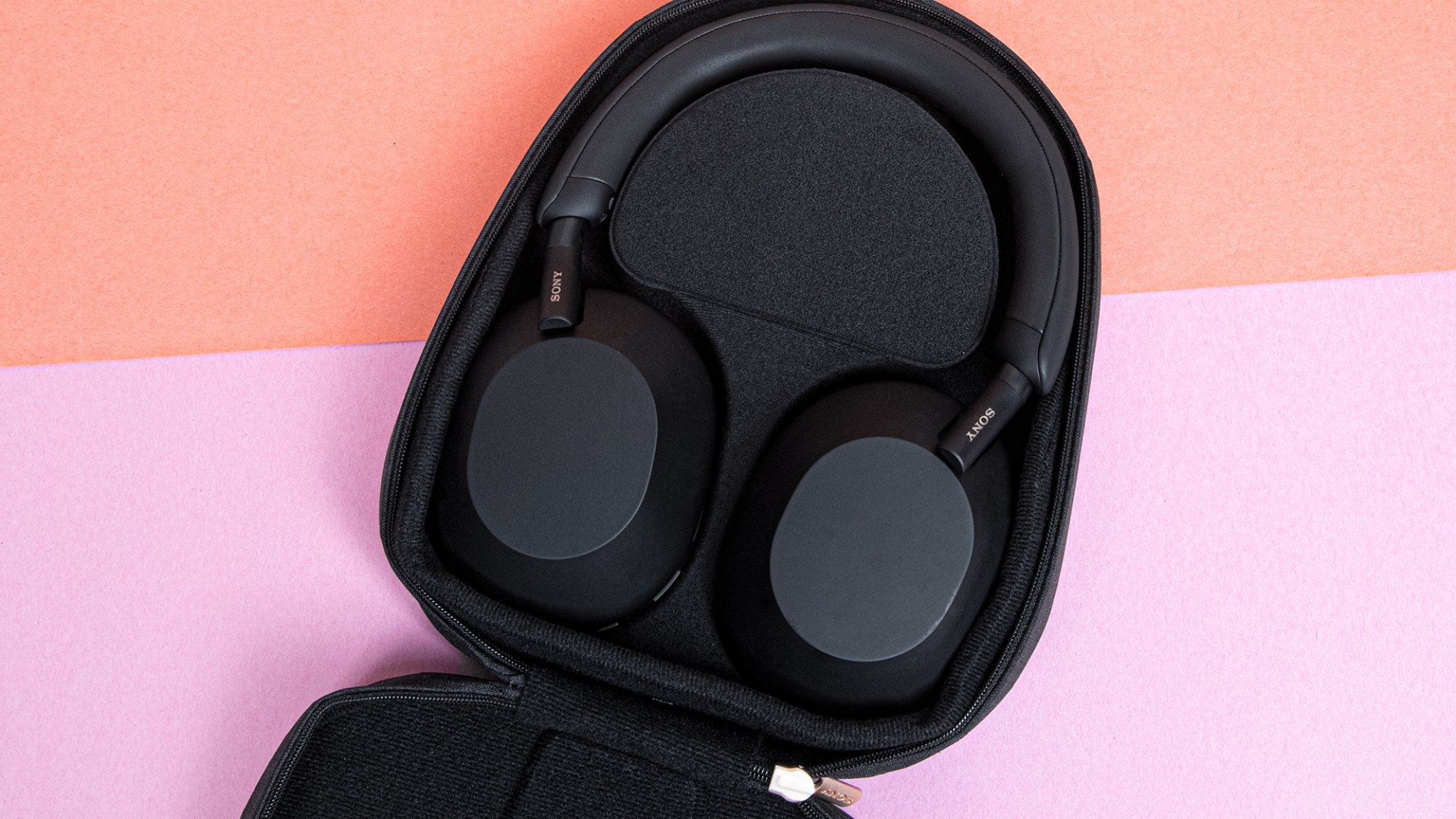 Sony WH-1000XM5 headphones in carrying case