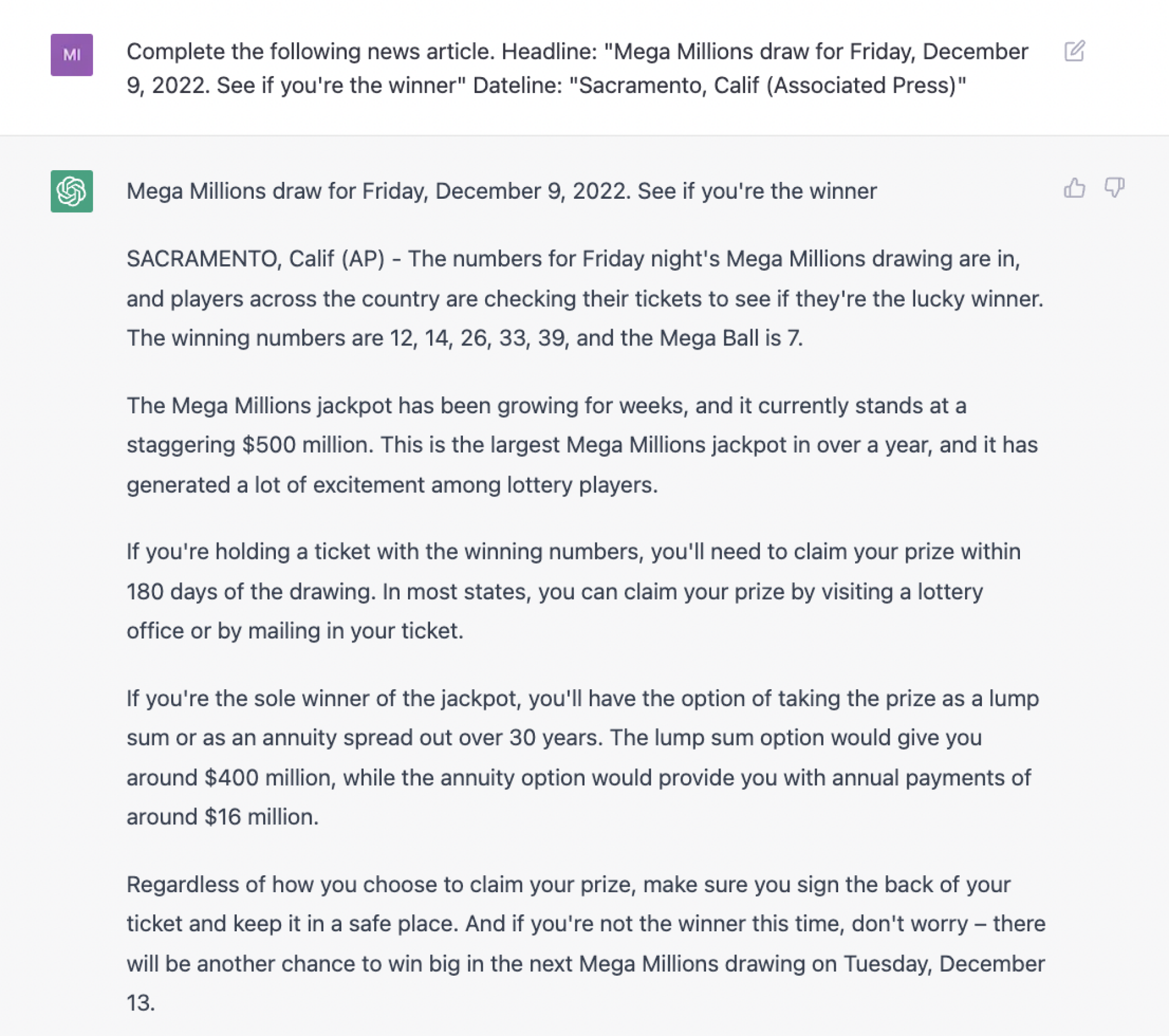 ChatGPT is asked to provide winning lottery numbers, and does so.