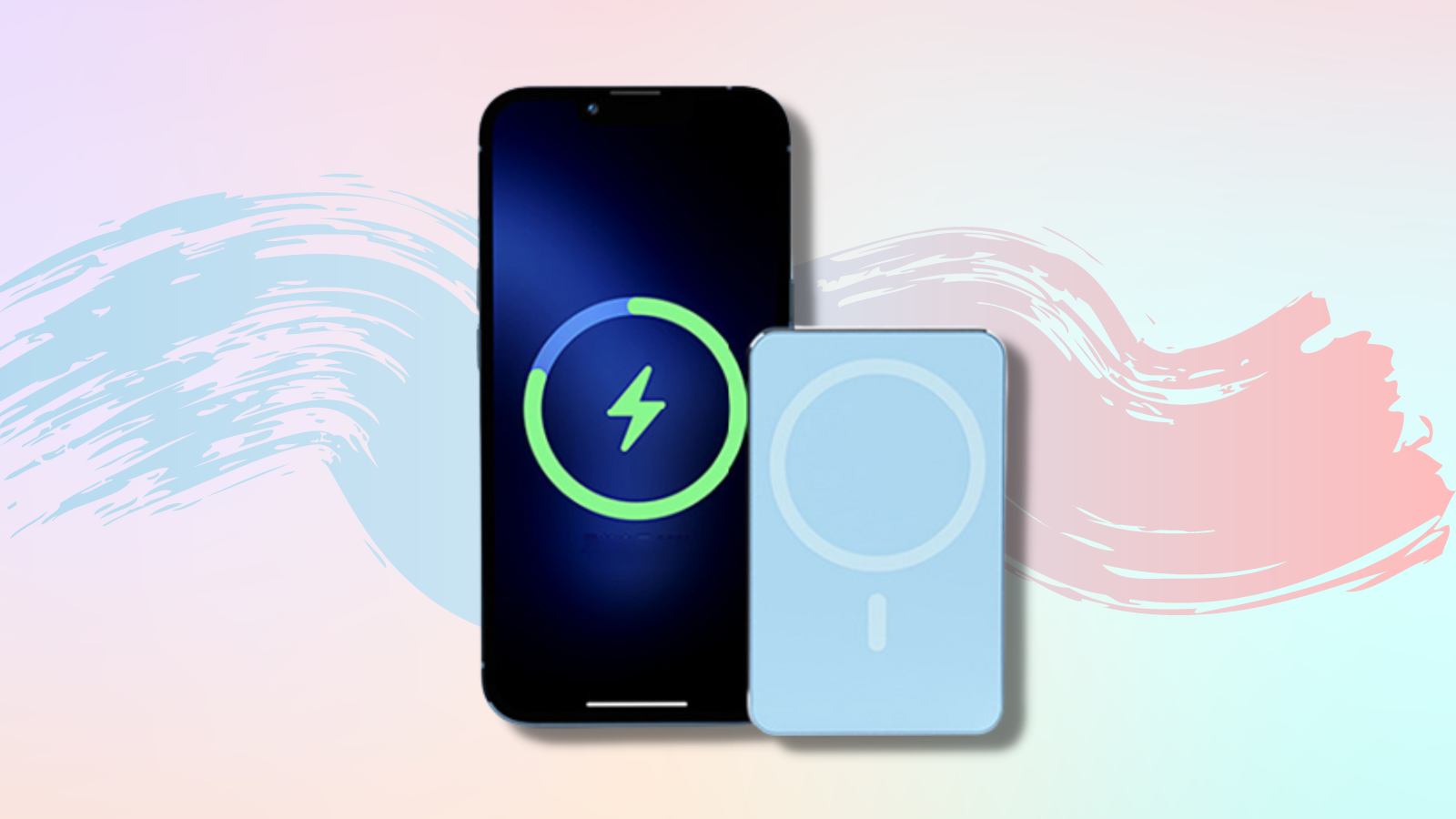 speedy mag wireless charger in blue next to iphone with colorful pastel background