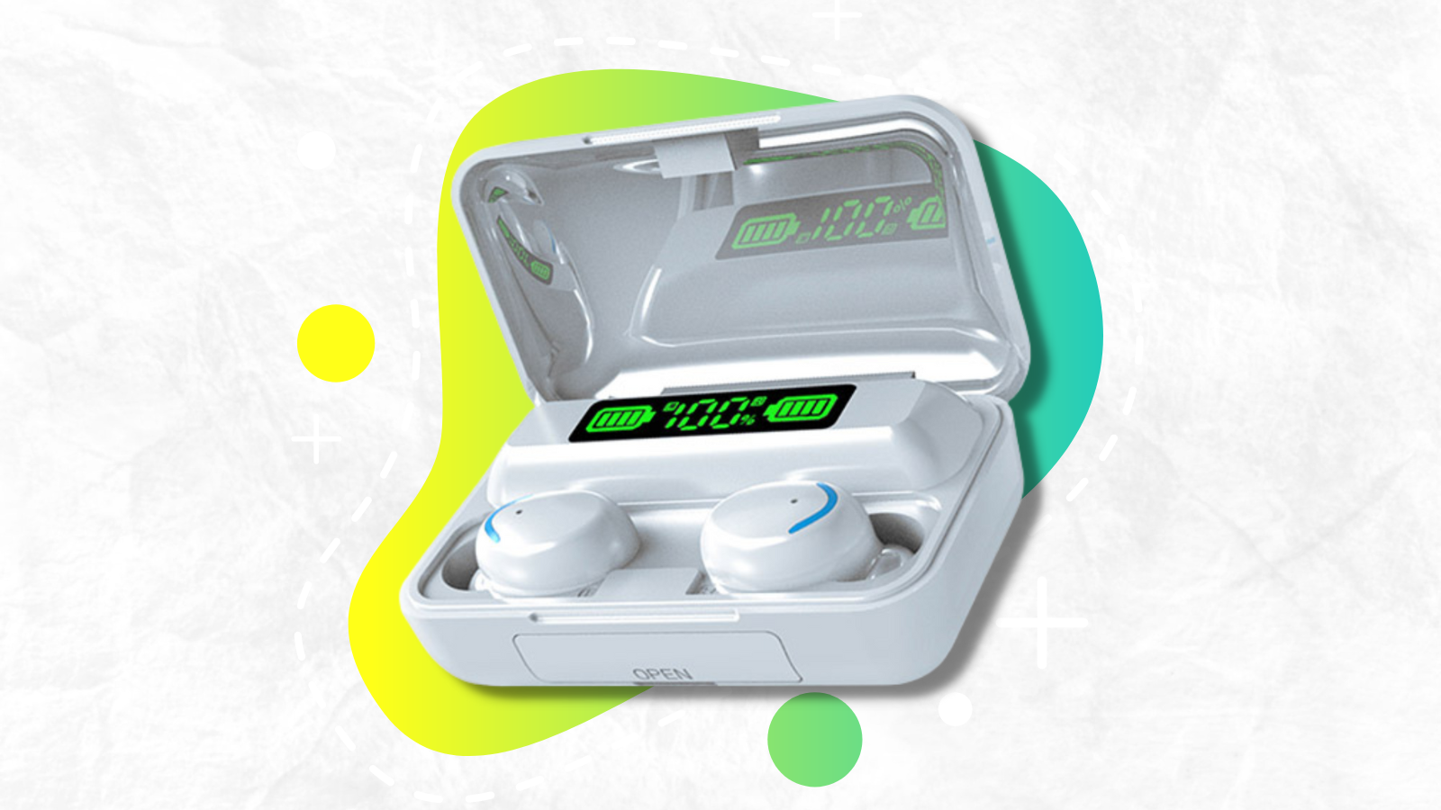 flux 7 earbuds in case with green and yellow gradient background