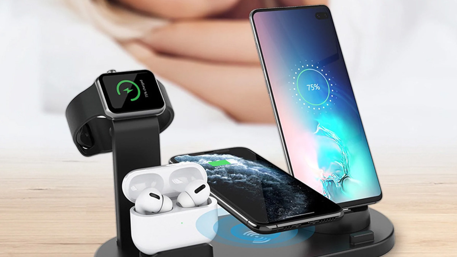 chargeup charging station with iphones, apple watch, and airpods