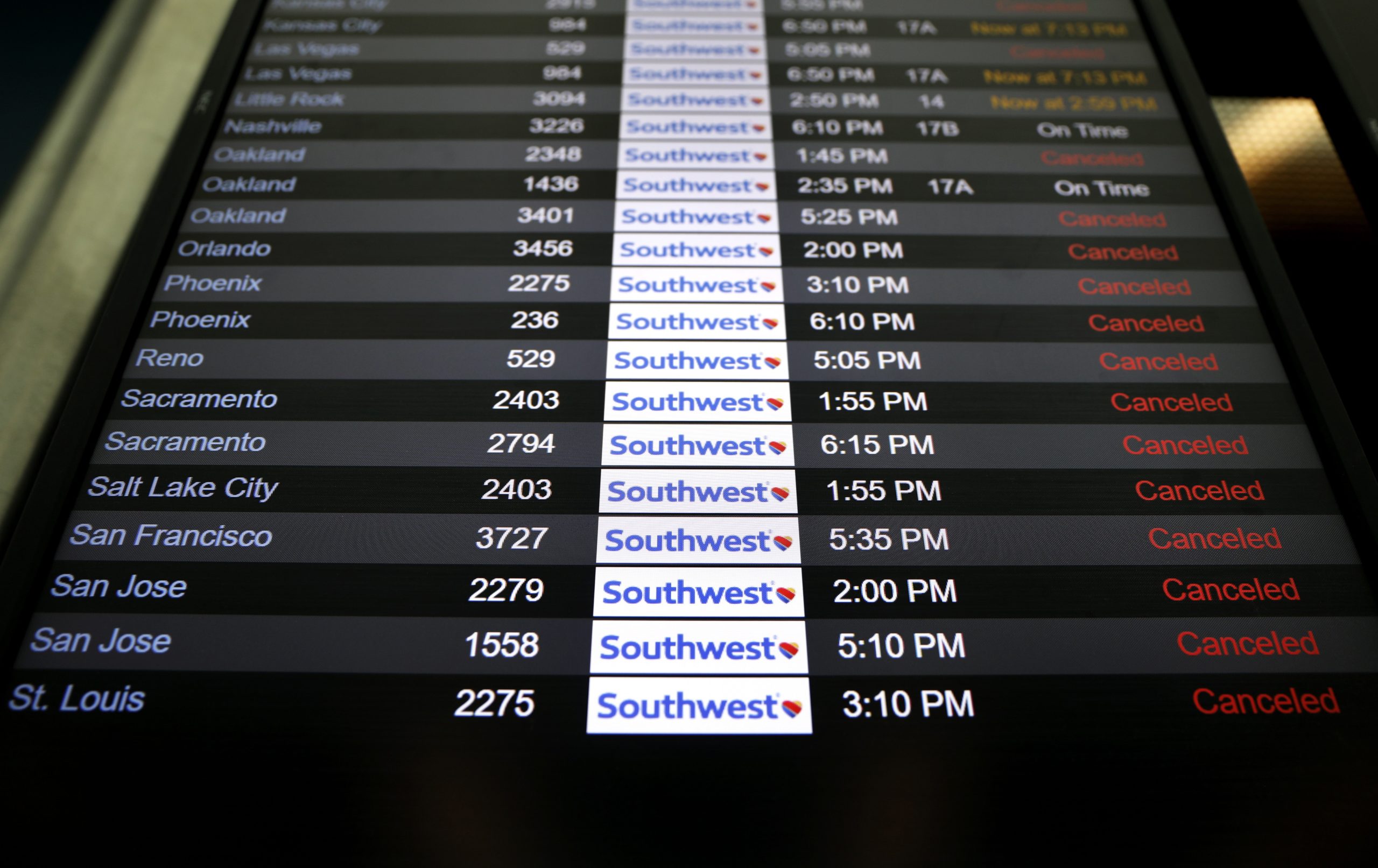 A display monitor showing several canceled Southwest Airlines flights.