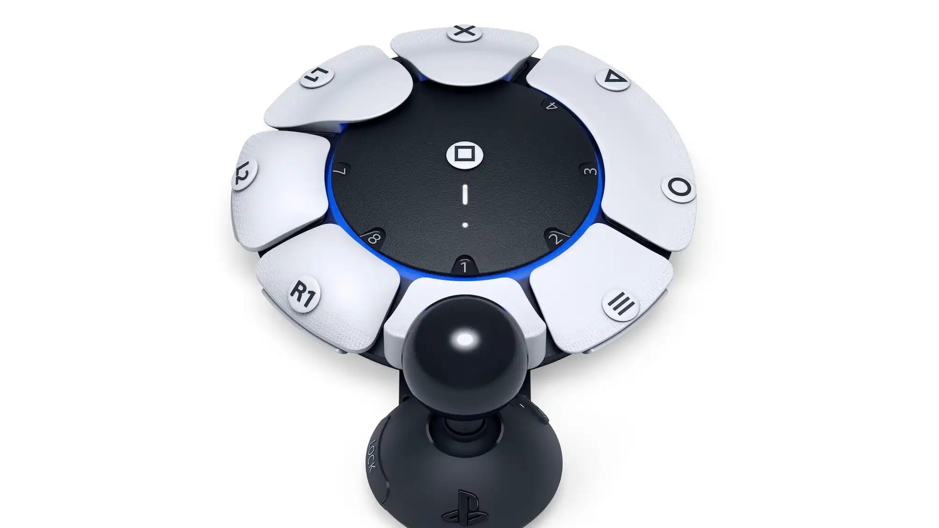 A Sony PlayStation accessible controller, which features a circular design with a joystick at the front.