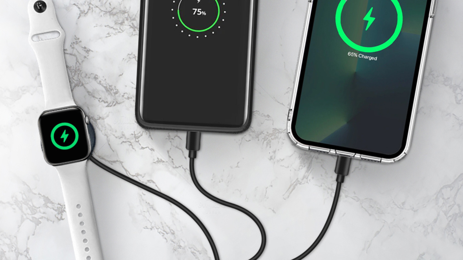 two phones and apple watch charging with cable