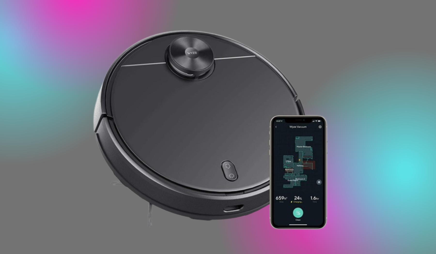 Wyze robot vacuum and smartphone with map on screen on gray background with pink and blue light leaks