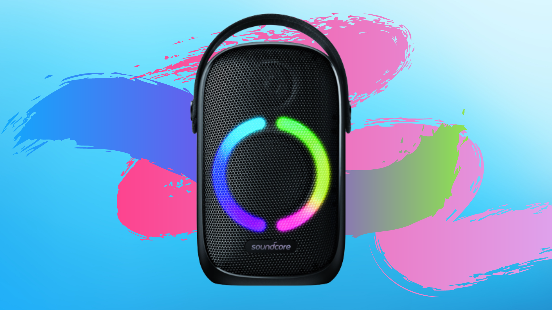 Anker speak with a circular LED light against a blue, pink, and green background