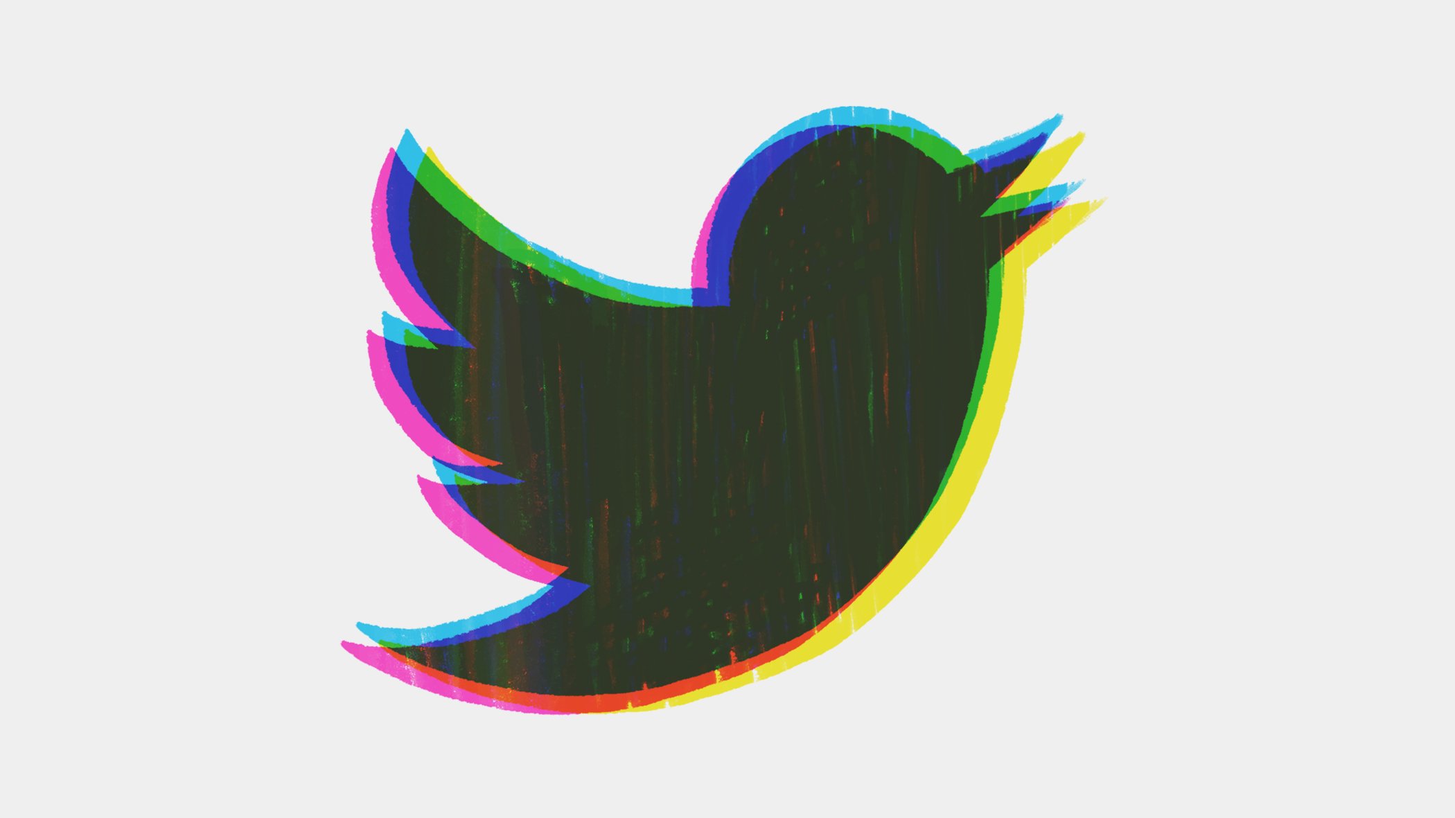 A Twitter logo on a white background with various colours emanating from it.