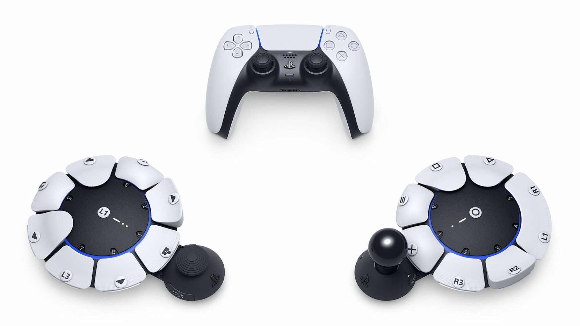 Two Sony PlayStation accessible controllers and one Sony PlayStation controller.