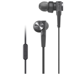 Black SONY wired earbuds against a white background