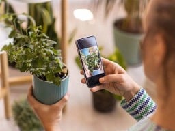 person using phone app to identify plant