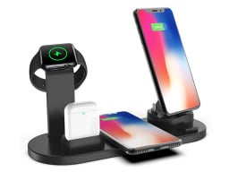 chargeup wireless charging station with two iphones, apple watch, and airpods