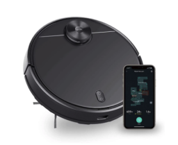 Wyze robot vacuum and smartphone with map on screen