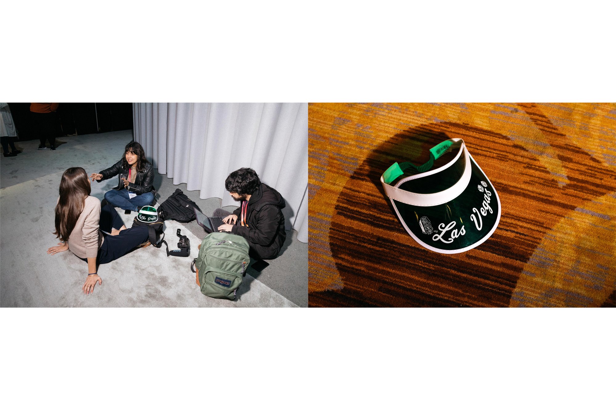 Diptych of individuals talking and sitting on floor, Vegas visor on floor