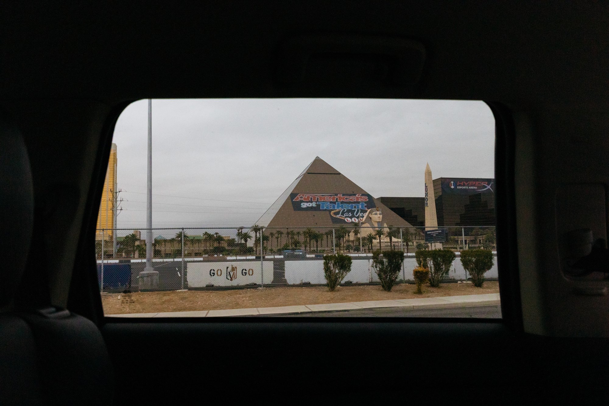 view of pyramid from car window