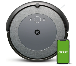 Charcoal grey Roomba i3 EVO at center and phone with green screen on bottom right against white