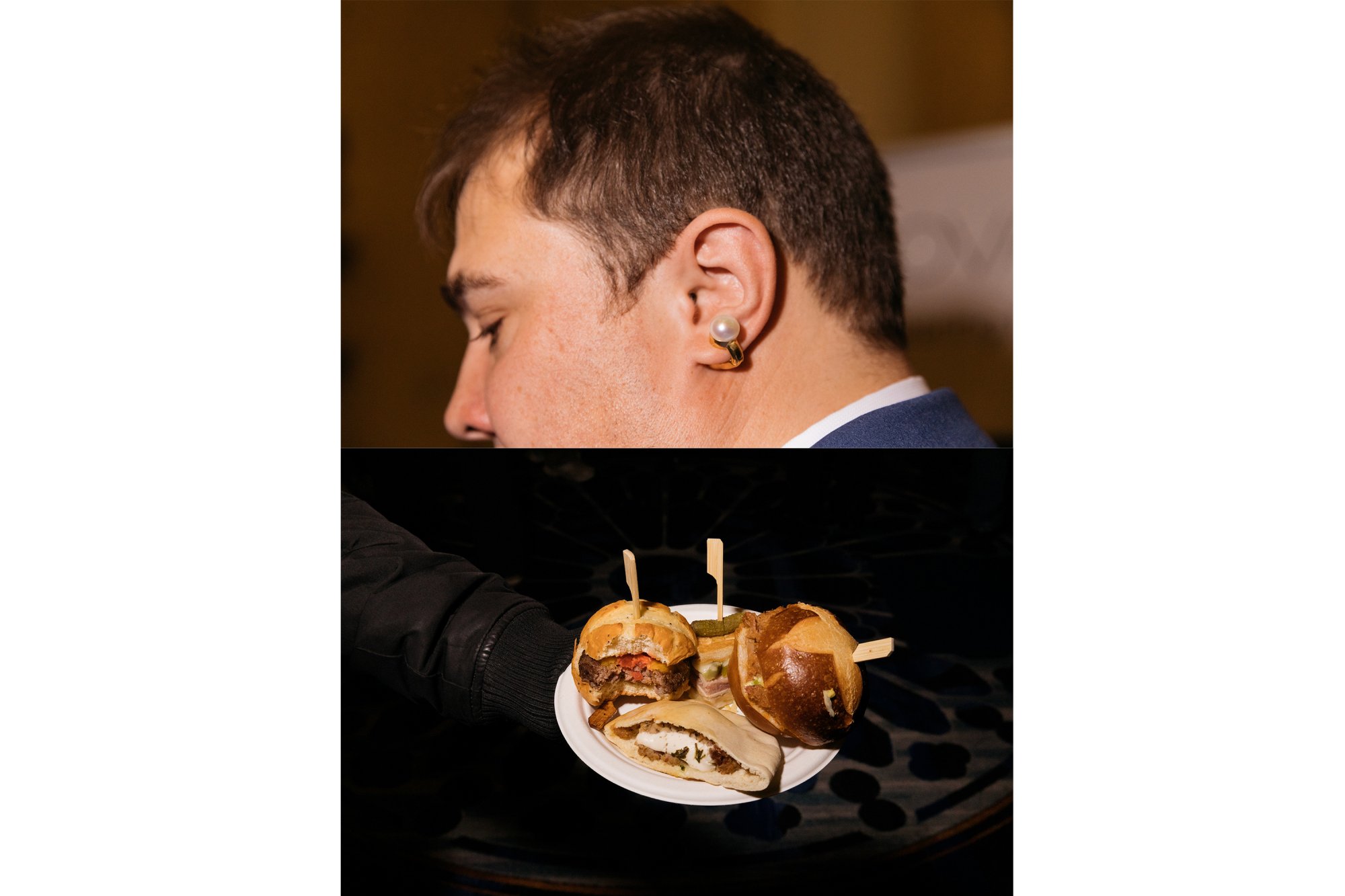 person wearing tech earring, plate of free food