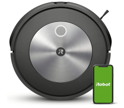 iRobot roomba in black and silver and phone with a green screen against a white background