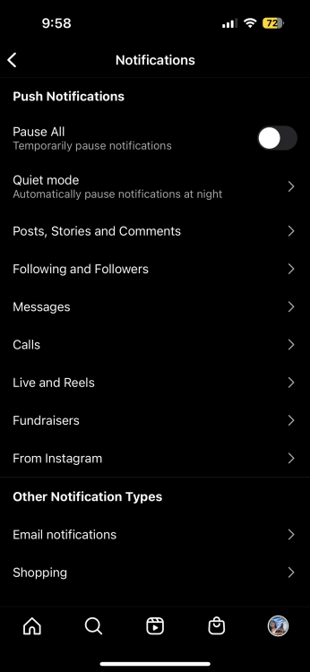 The settings in an Instagram profile