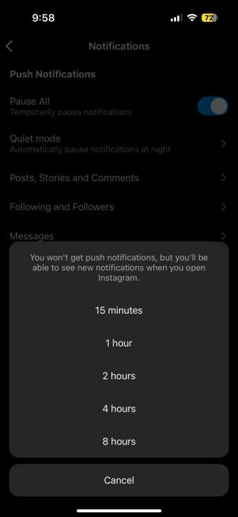 The settings in an Instagram profile