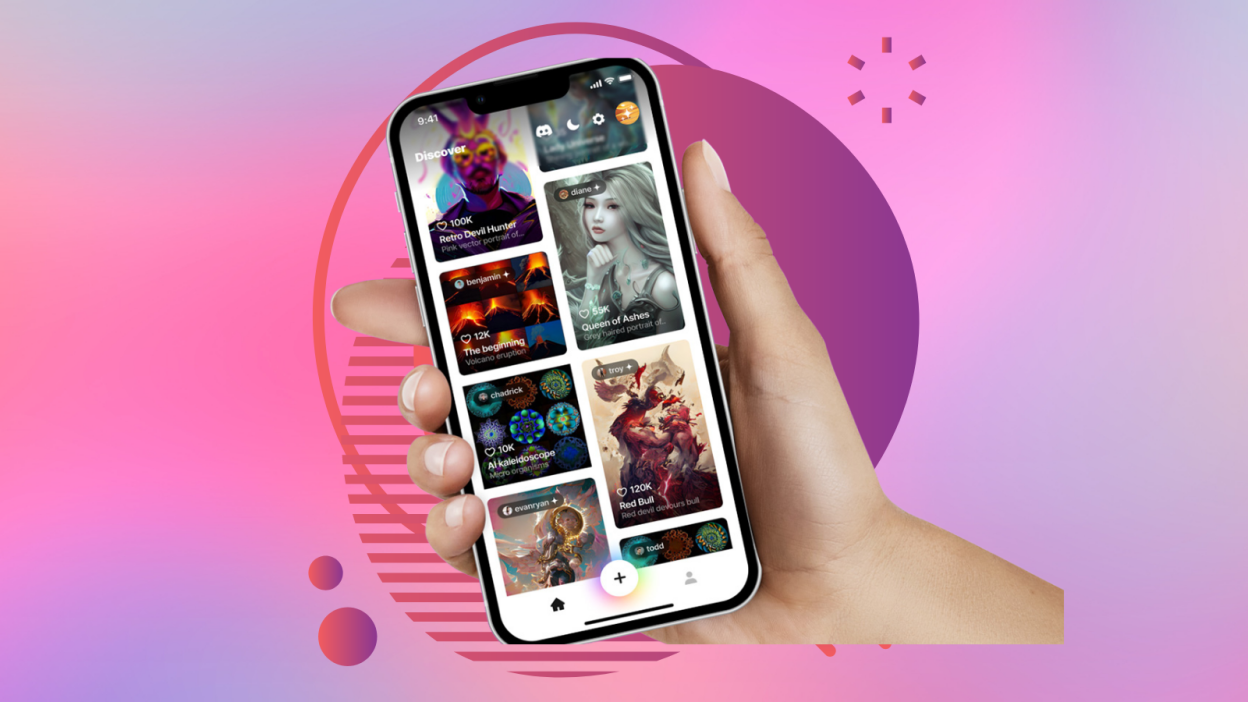 hand holding phone with wombo dream ai art tool open and pink colorful background