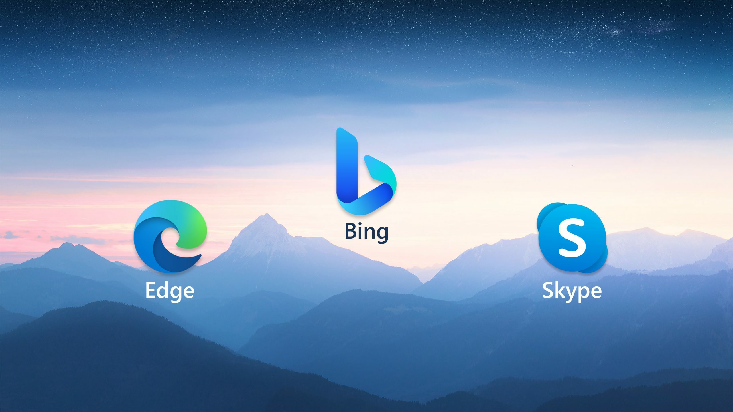 Bing, Edge, and Skype logos against a mountain background