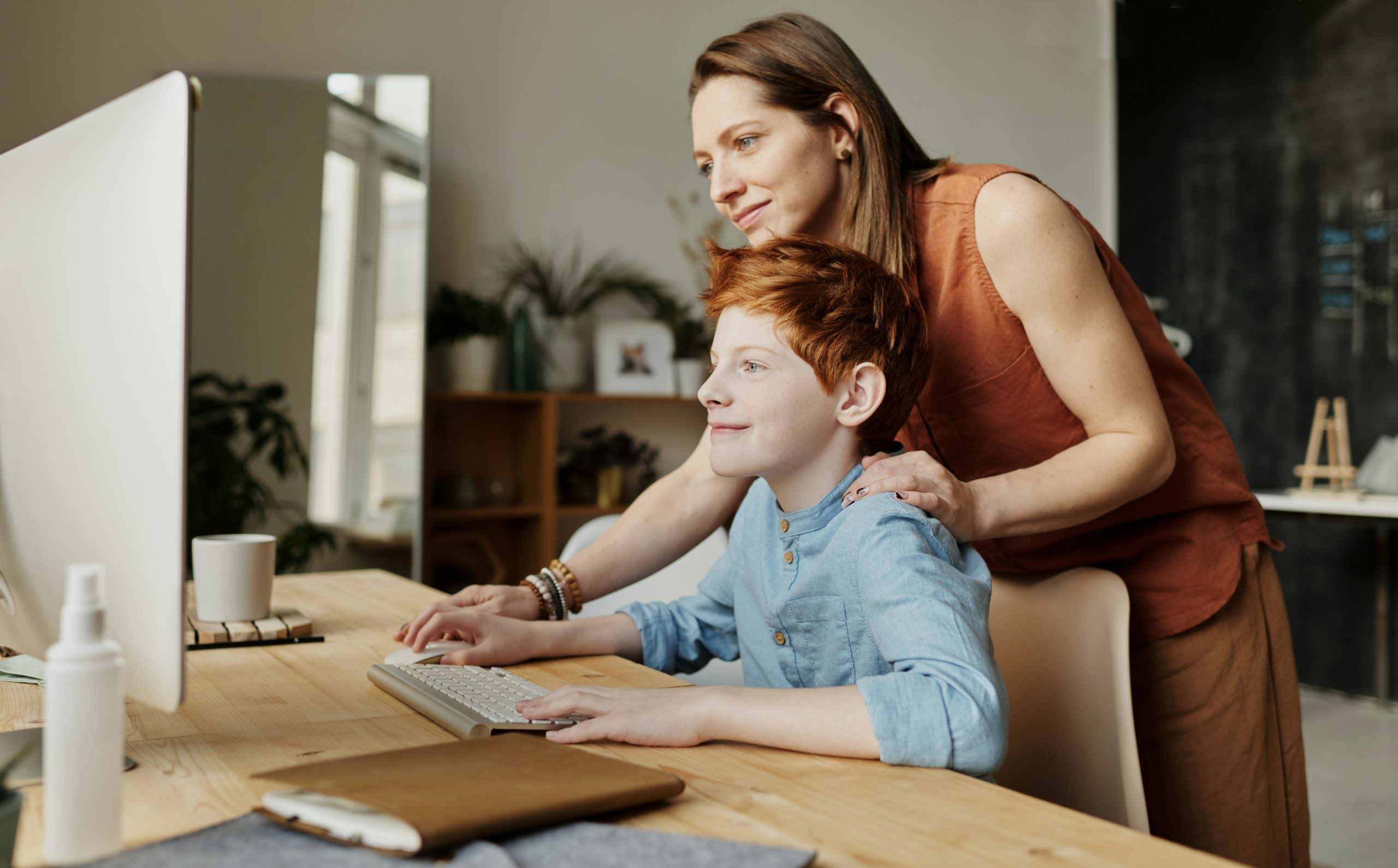 Mother and child using PC