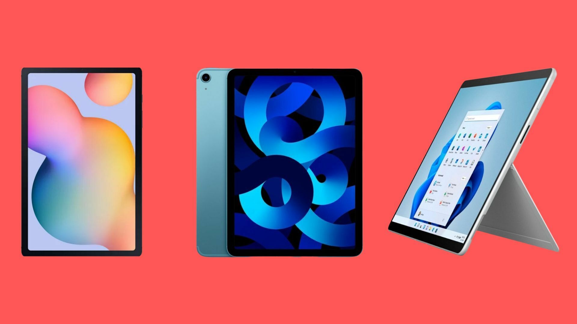 galaxy tab, ipad air, and microsoft surface pro with coral background