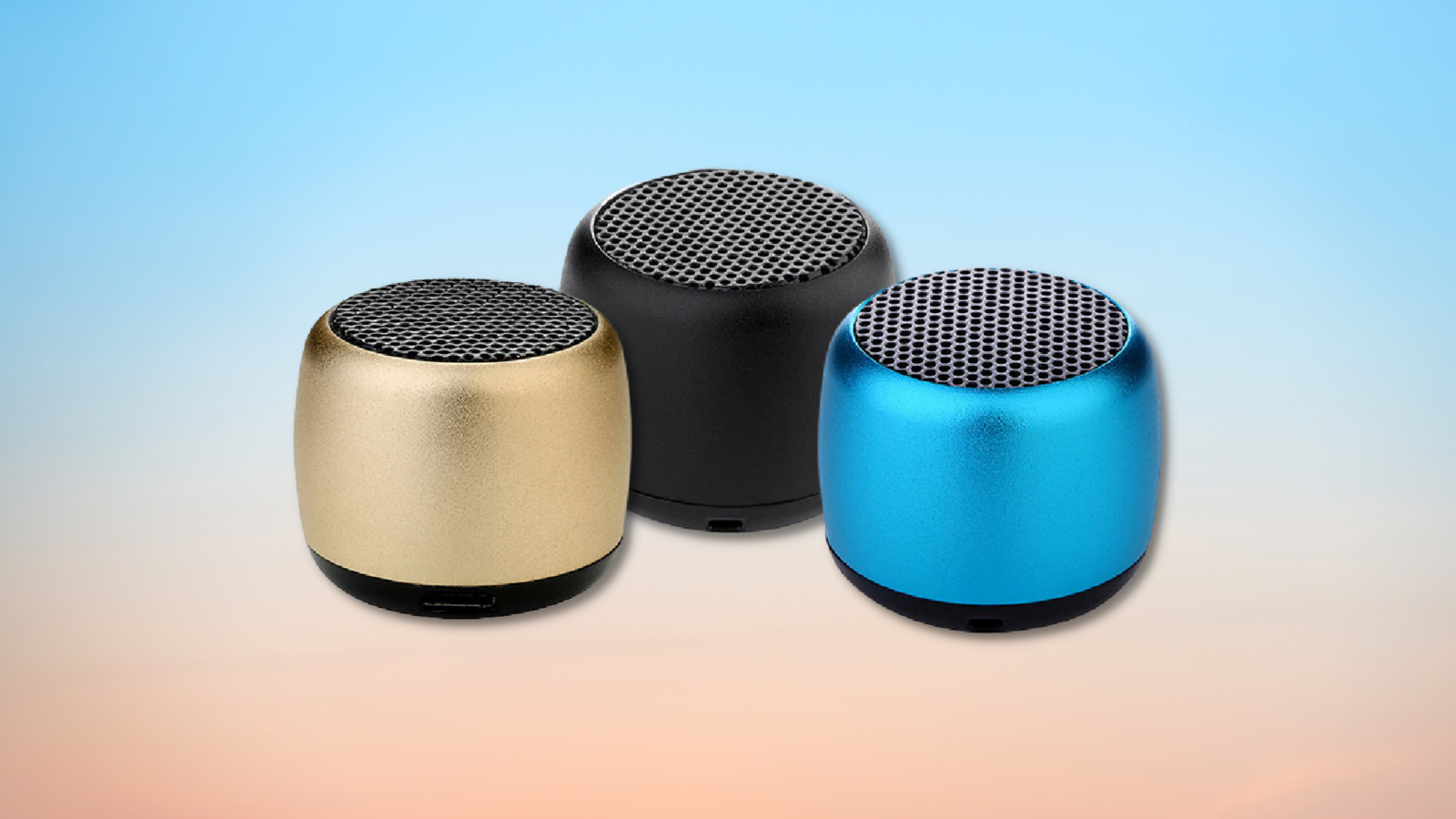 little wonder solo bluetooth speakers in gold, black, and blue with gradient background