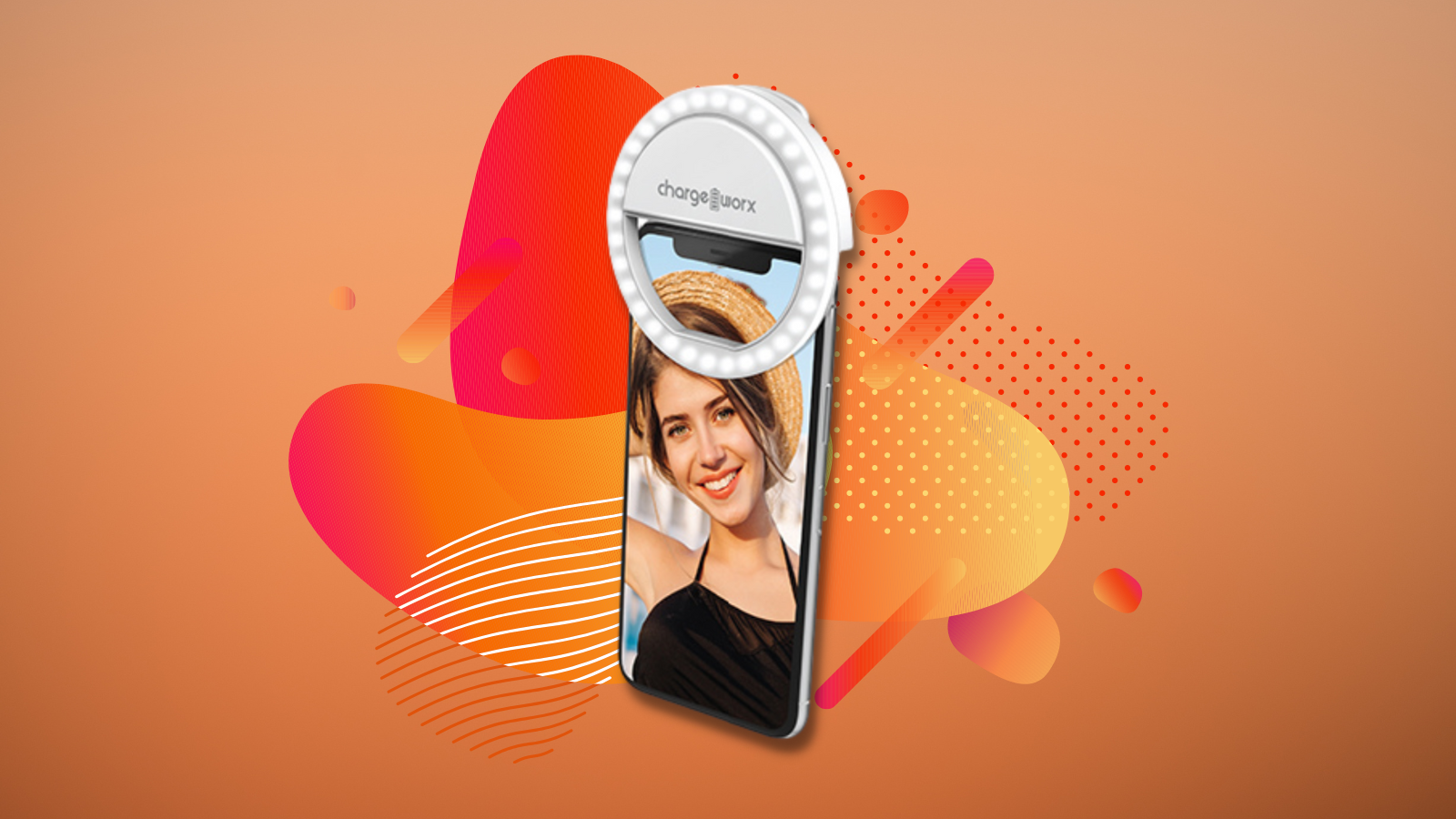 chargeworx ring light on phone with colorful orange toned background