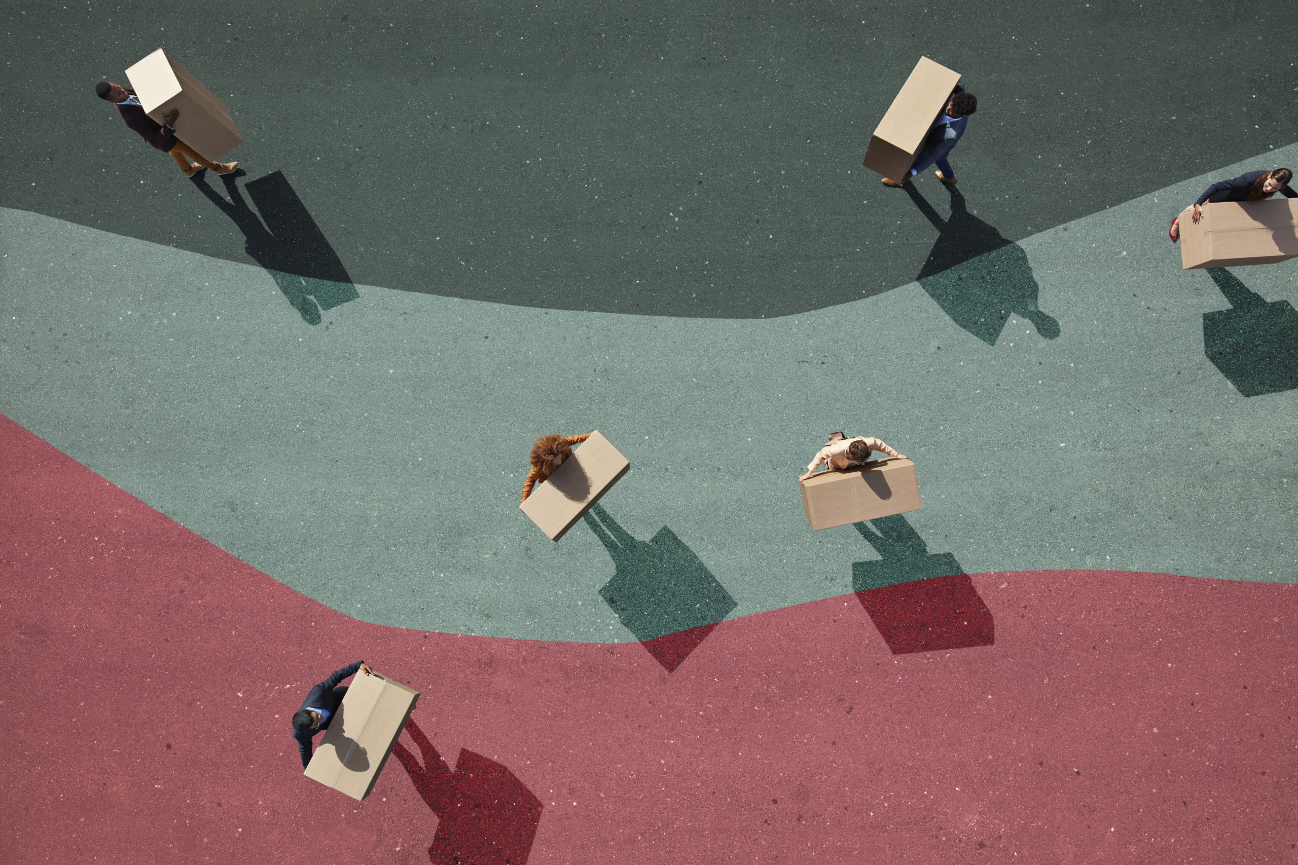 Group of young adults, photographed from above, on various painted tarmac surface, at sunrise.