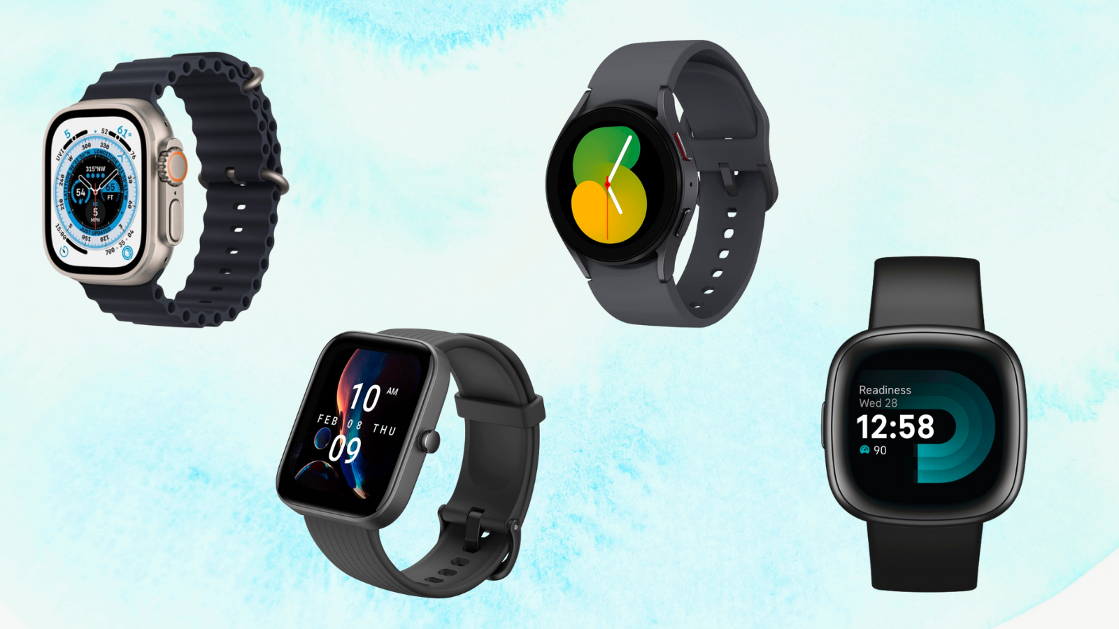 Smartwatches on light blue background