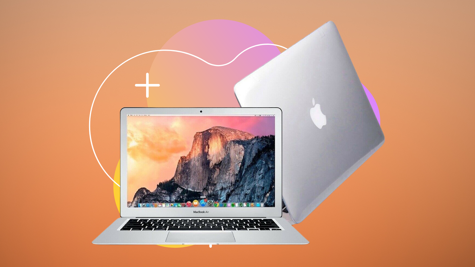 refurbished macbook air from two angles with orange background