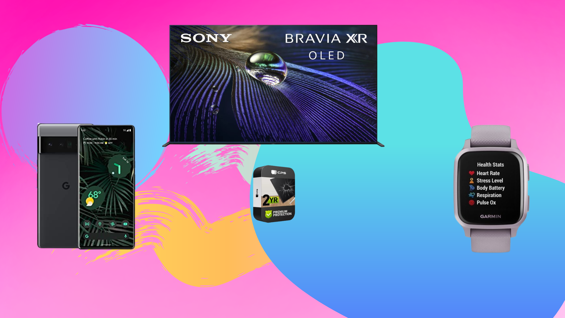 Phone, SONY Bravia, and smartwatch against pink and blue background