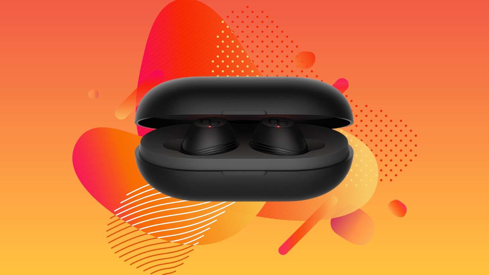 mymanu translation earbuds in black case with orange gradient background